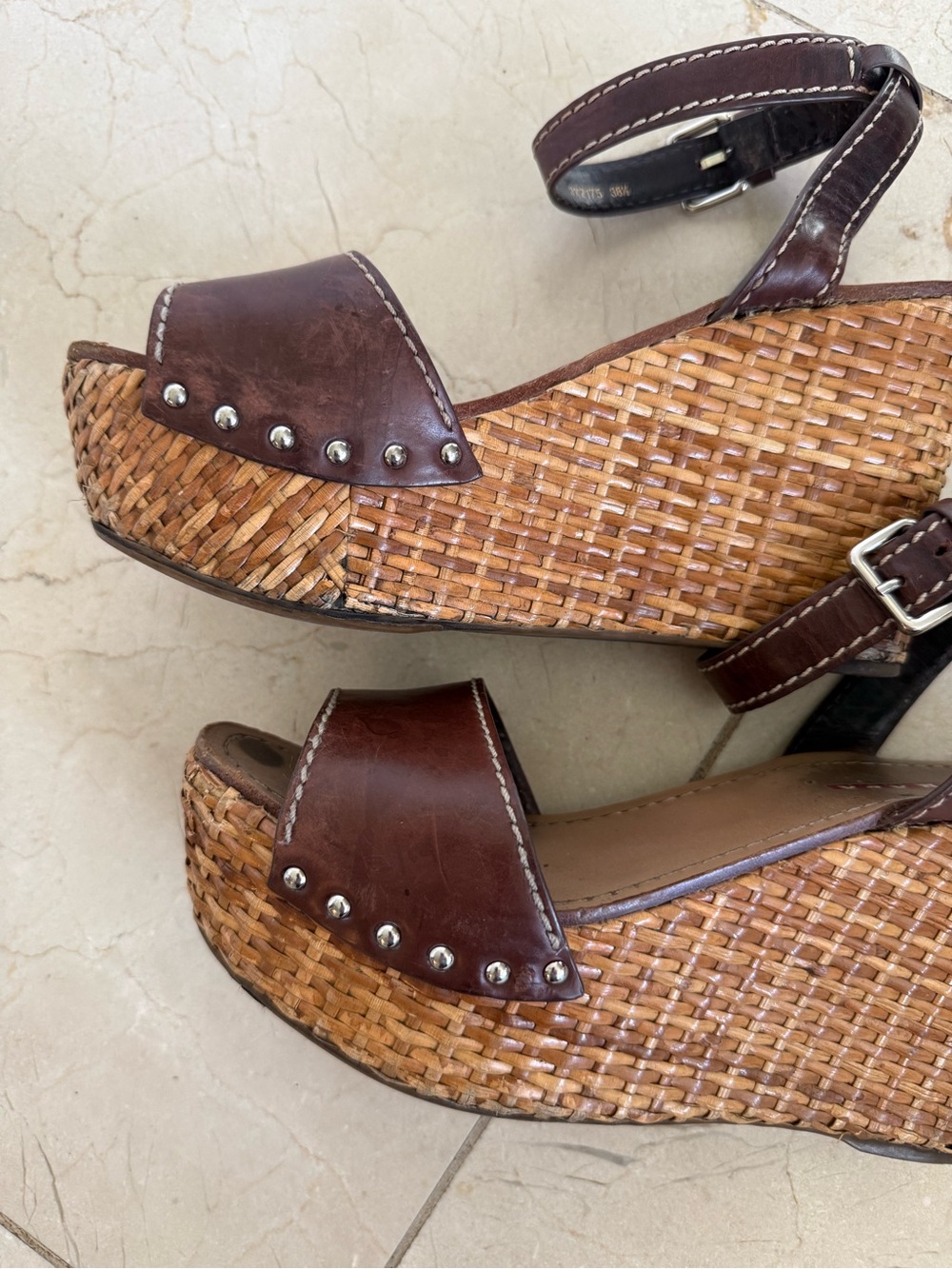 Prada 3XZ175 Brown Leather Raffia Wedge Sandals 38.5